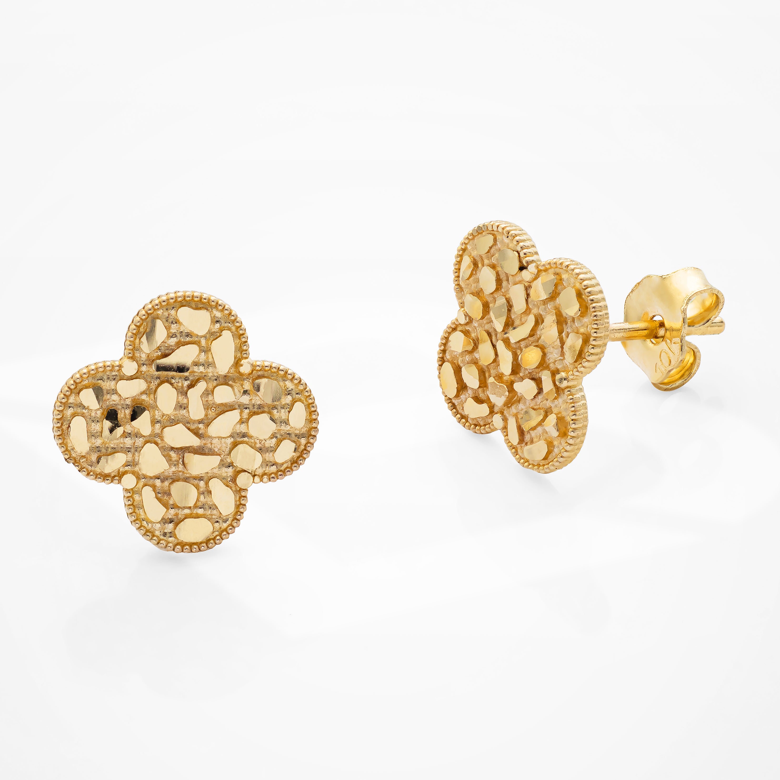 10k solid gold clover nugget earrings (10mm x10mm)