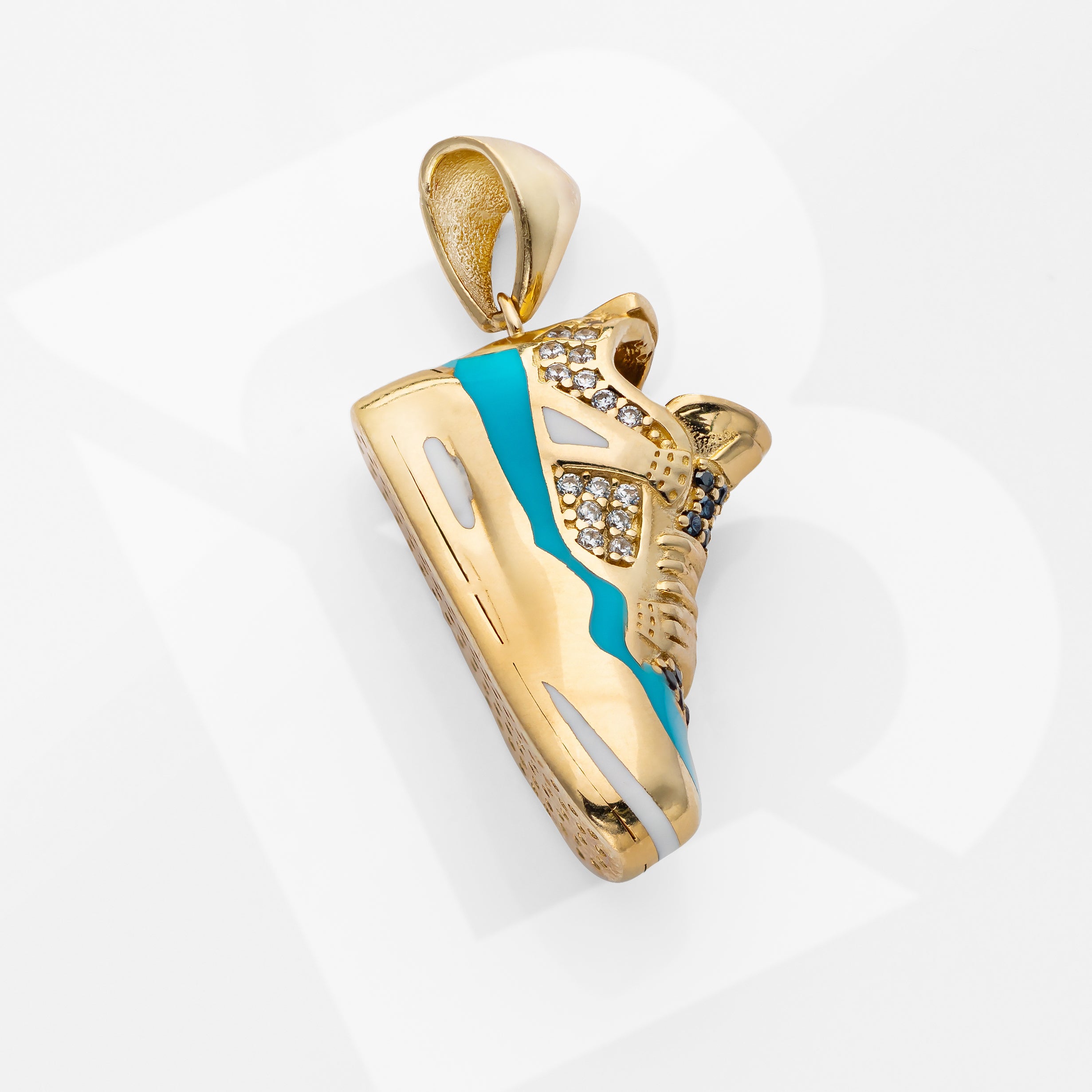14K Solid Gold Premium Sneaker Shoe With CZ Charm Pendant blue line 7.5 Grams