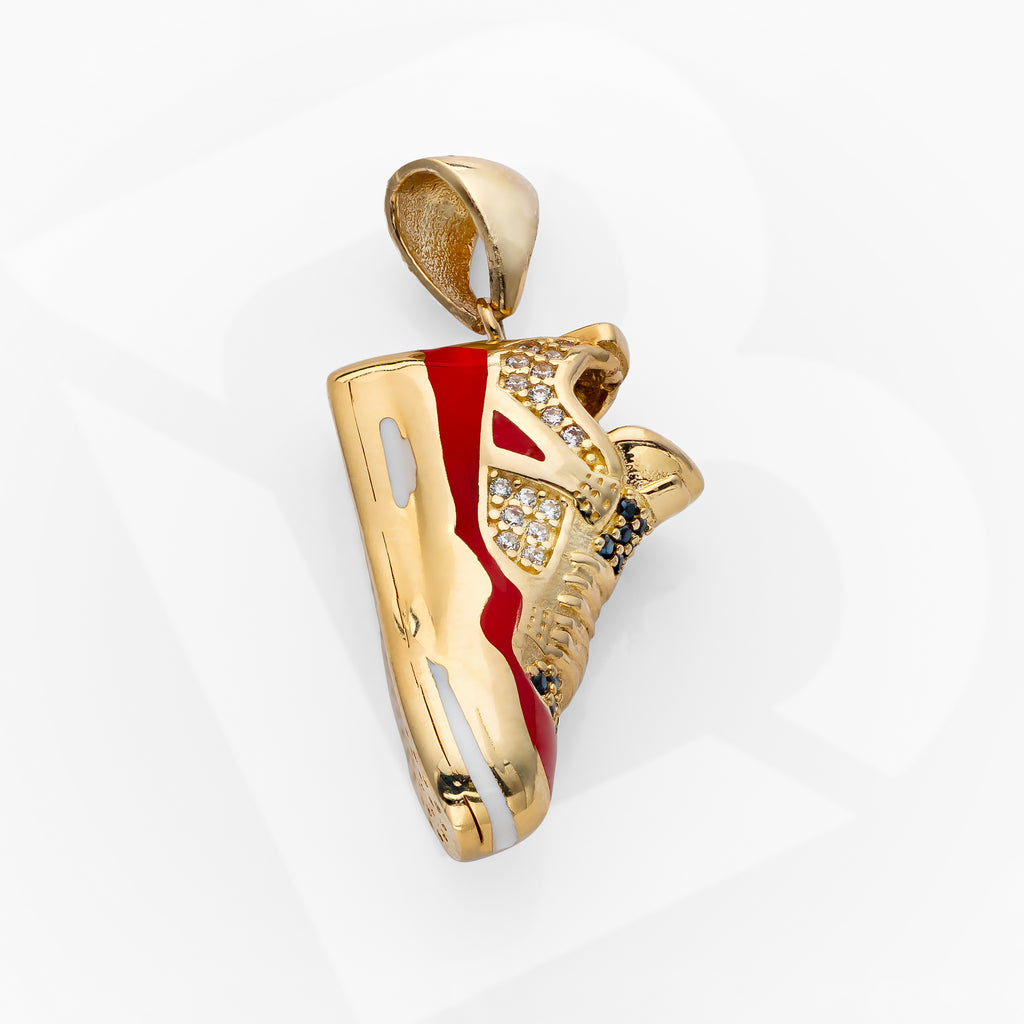 14K Solid Gold Premium Sneaker Shoe With CZ Charm Pendant Red line 7.5 Grams