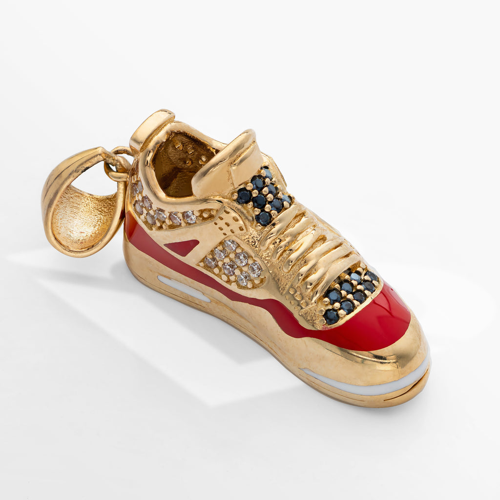 14K Solid Gold Premium Sneaker Shoe With CZ Charm Pendant Red line 7.5 Grams