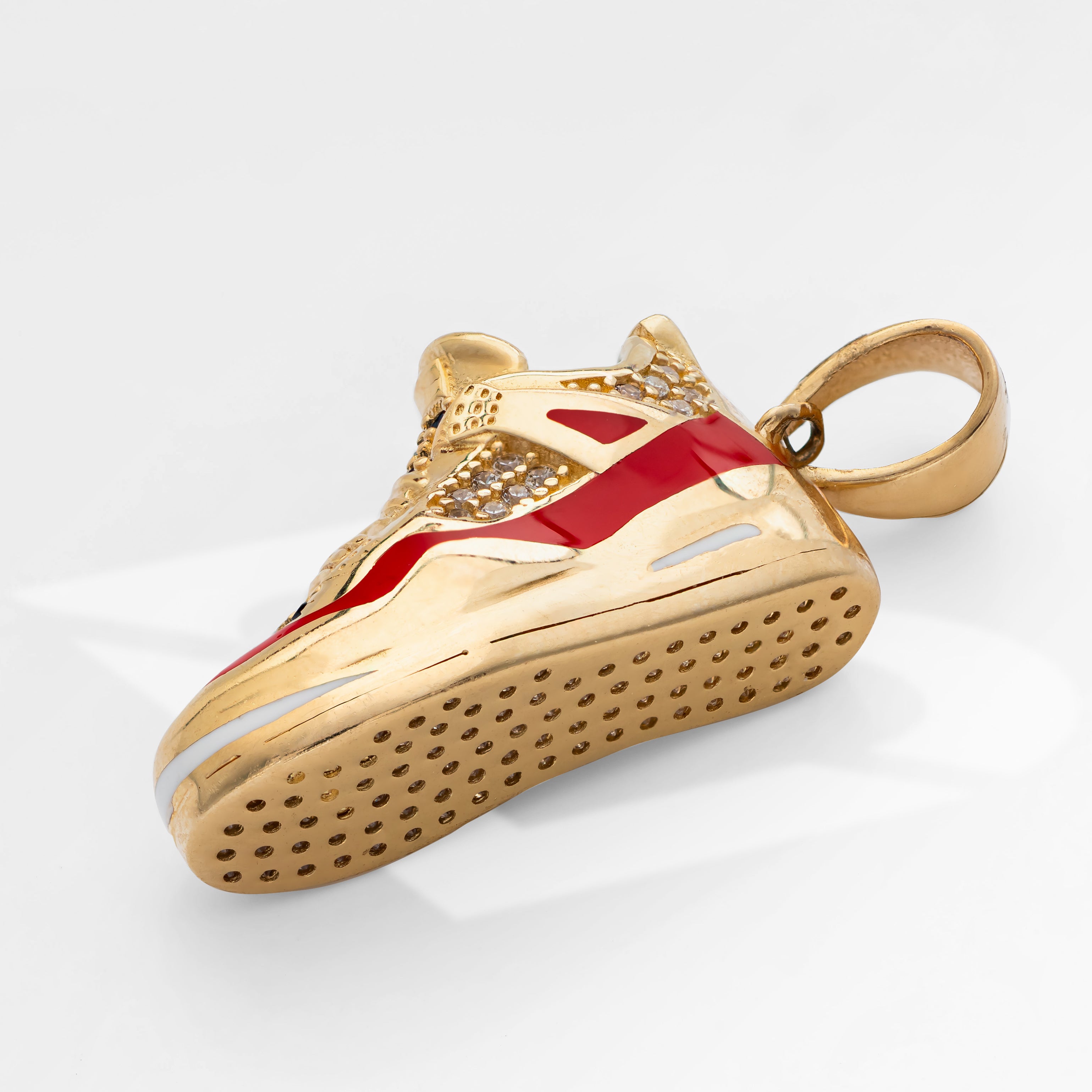 14K Solid Gold Premium Sneaker Shoe With CZ Charm Pendant Red line 7.5 Grams