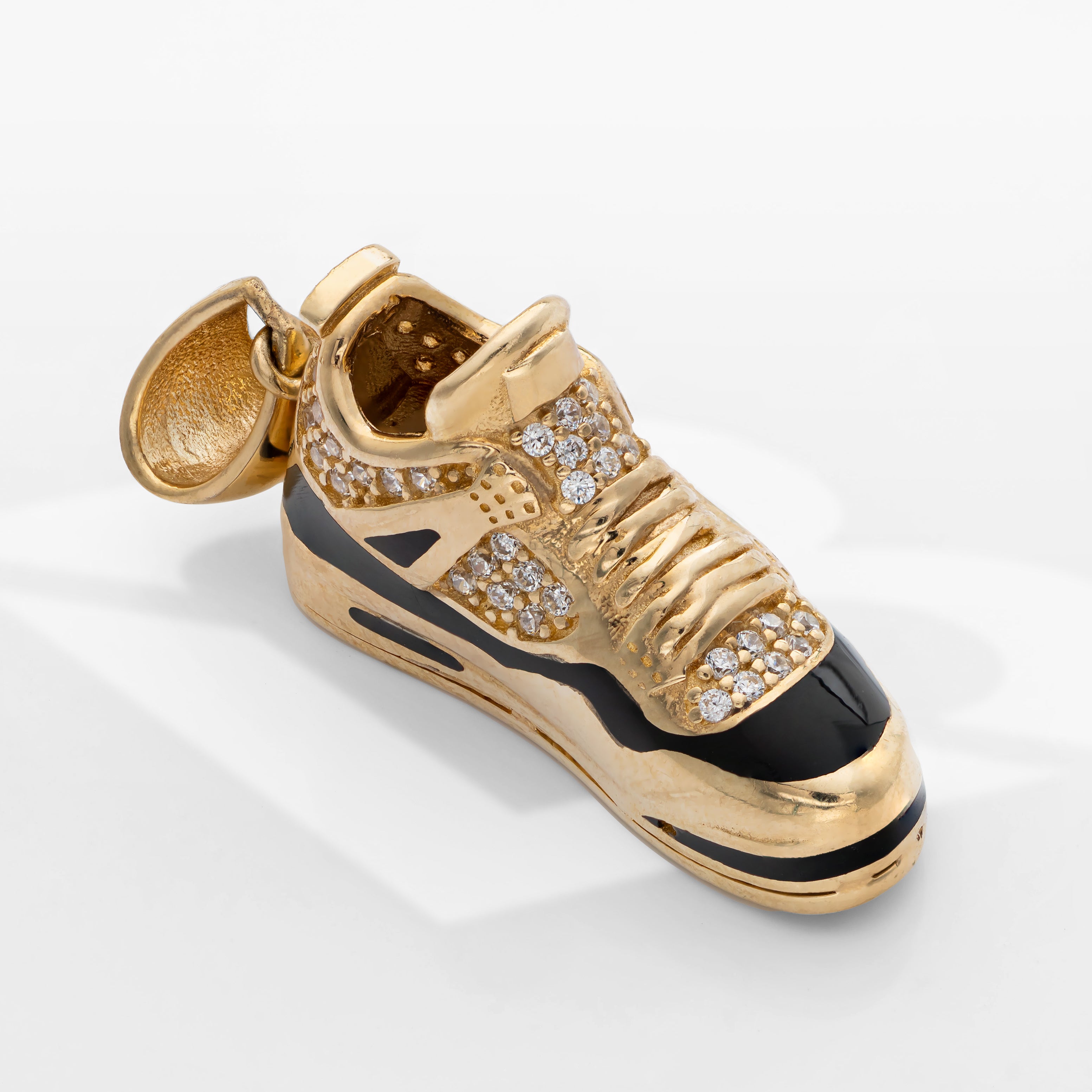 14K Solid Gold Premium Sneaker Shoe With CZ Charm Pendant black line 7.5 Grams