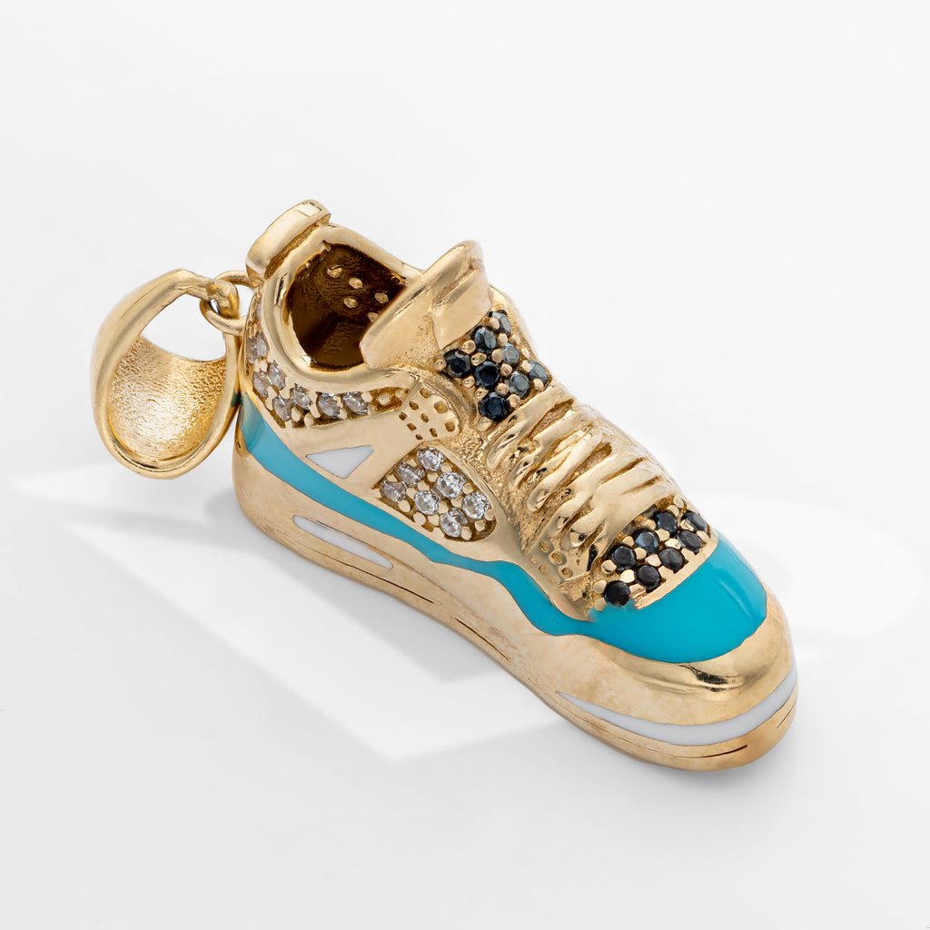 14K Solid Gold Premium Sneaker Shoe With CZ Charm Pendant blue line 7.5 Grams