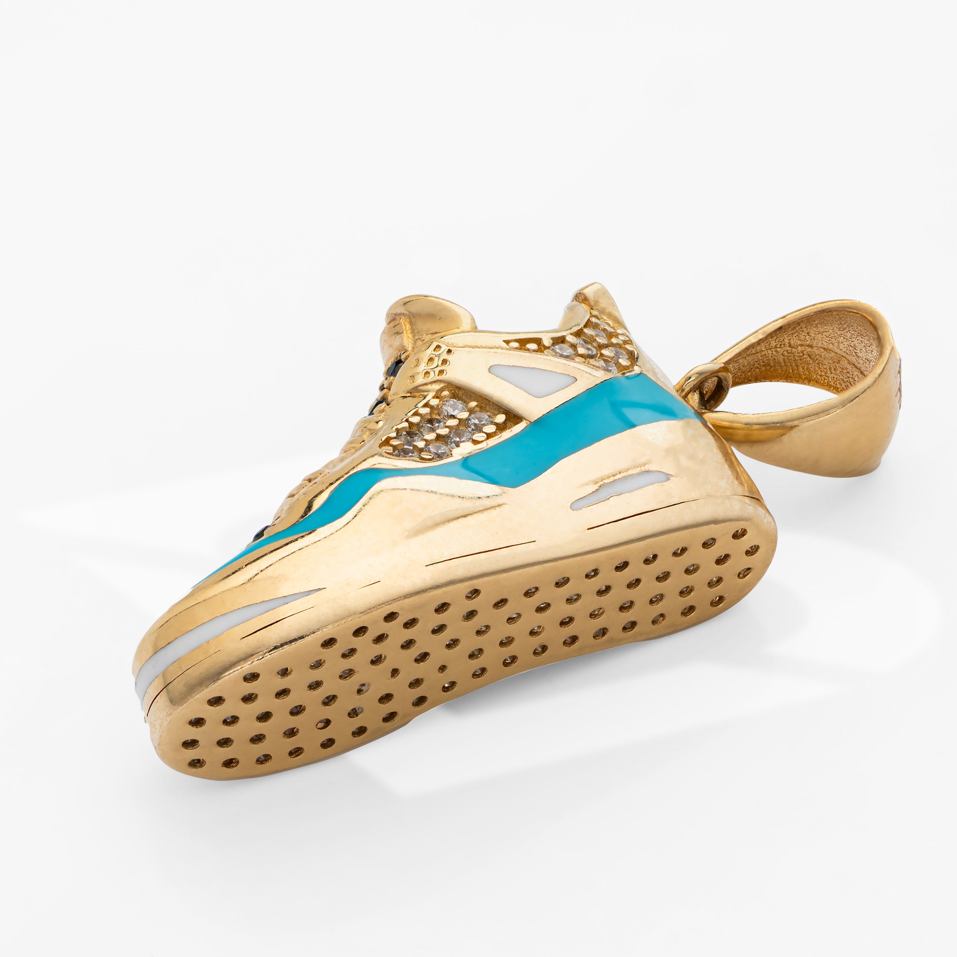 14K Solid Gold Premium Sneaker Shoe With CZ Charm Pendant blue line 7.5 Grams