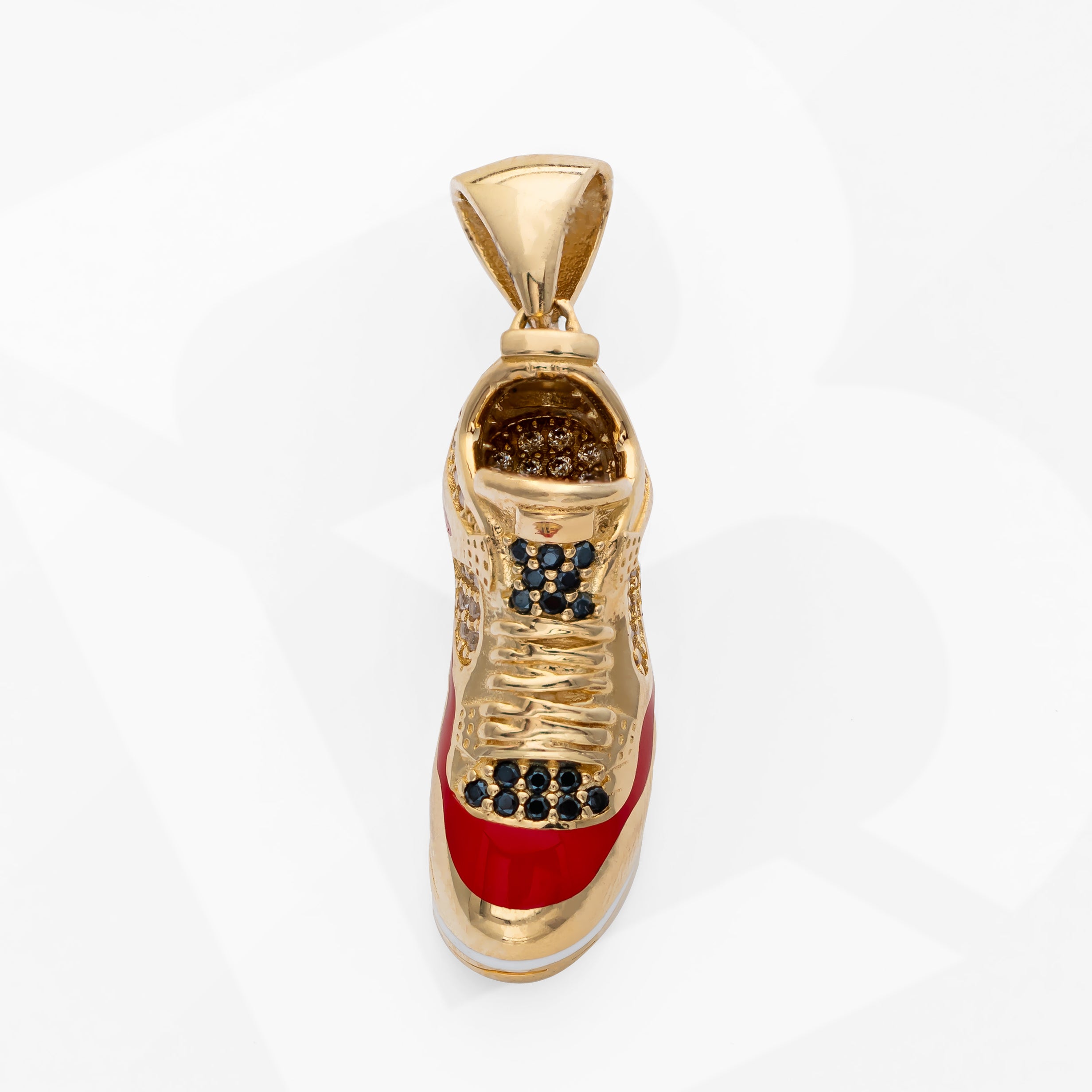 14K Solid Gold Premium Sneaker Shoe With CZ Charm Pendant Red line 7.5 Grams