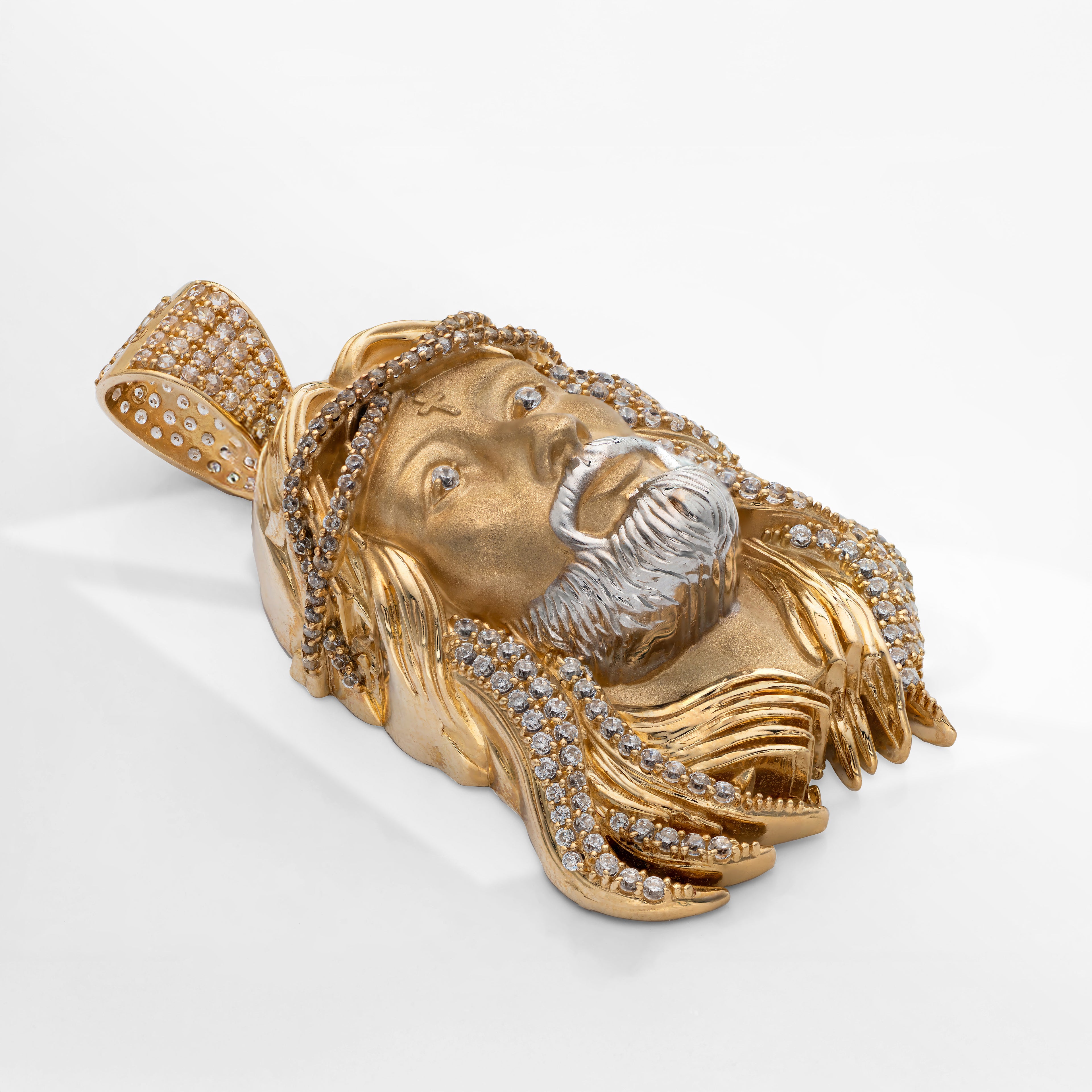 14K Solid Gold Premium Jesus Head With CZ Charm Pendant 20g