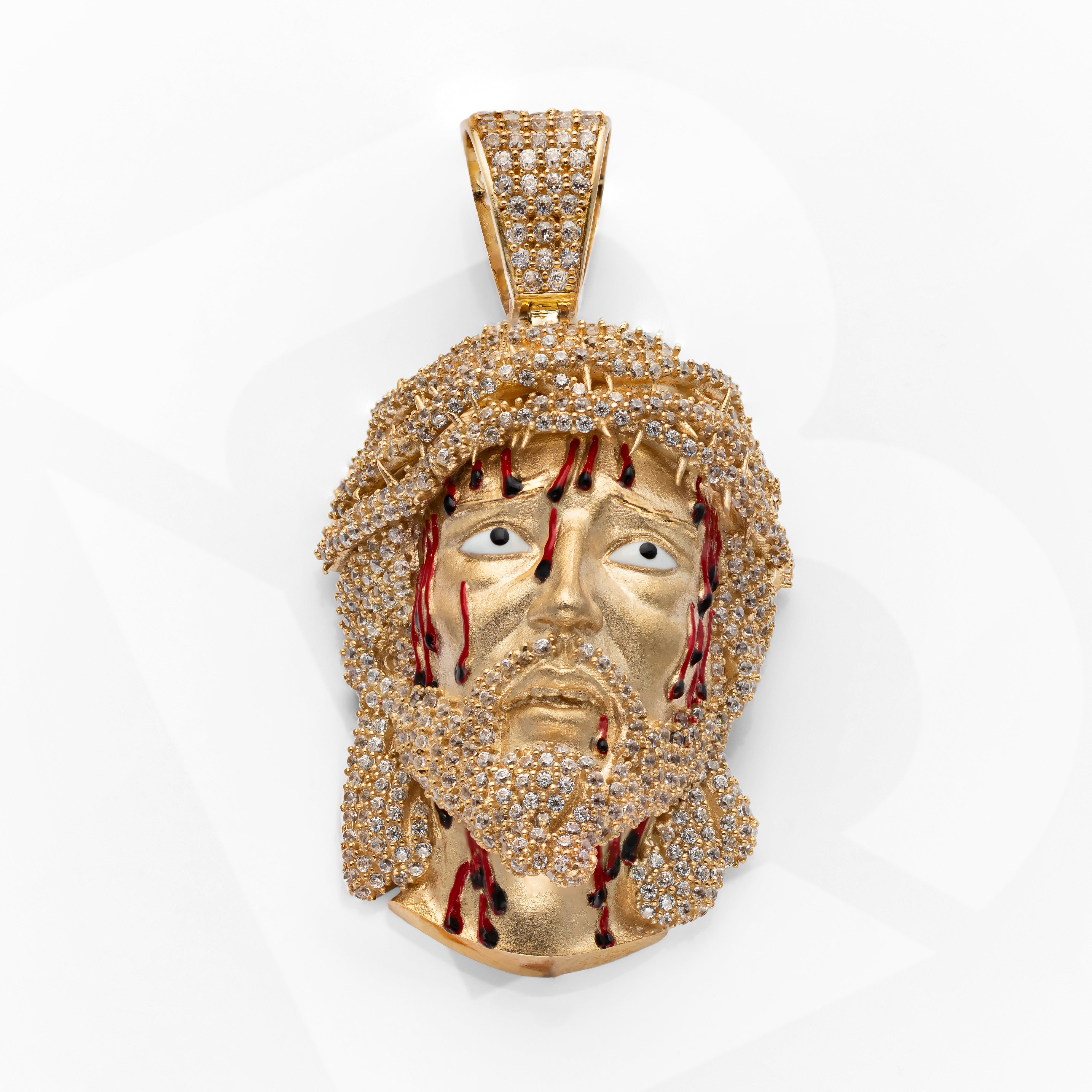 14K Yellow Solid Gold Premium Jesus Head Bleeding With CZ Charm Pendant 14g