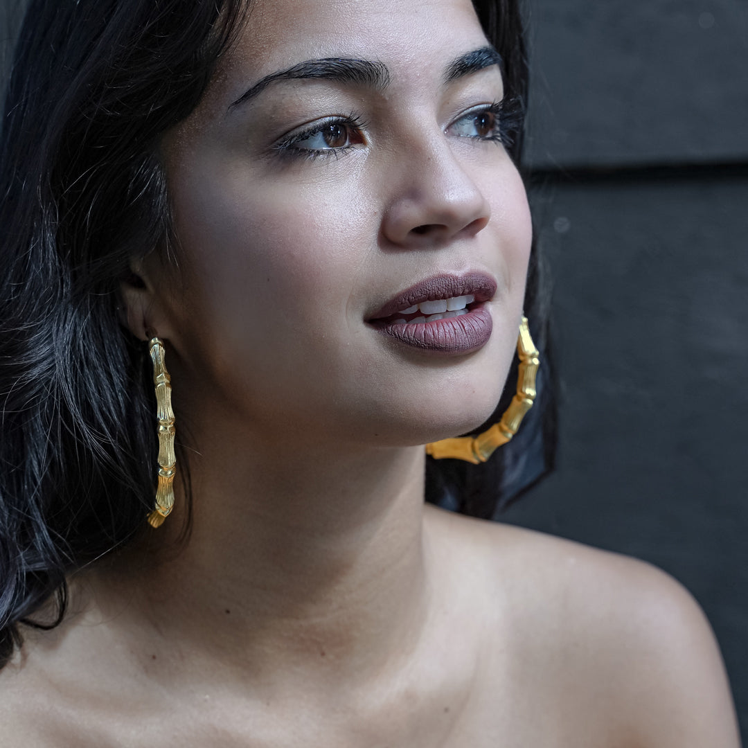 10k Yellow Gold Bamboo Hoop Earrings (3.15")