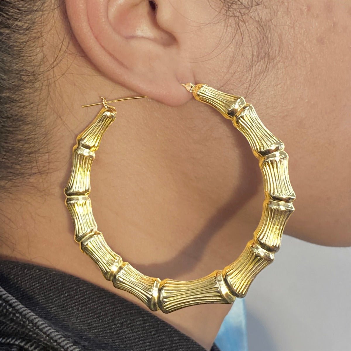 10k Yellow Gold Bamboo Hoop Earrings (3.15")