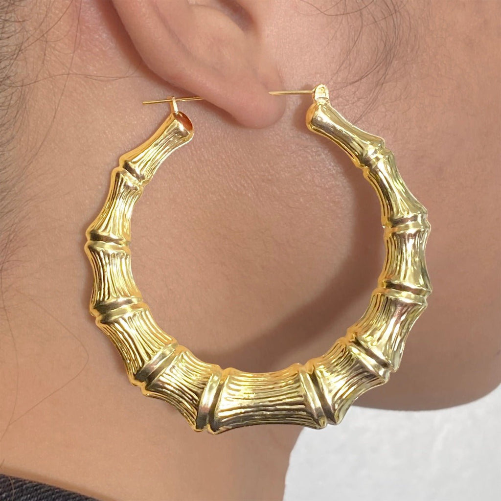 10k Yellow Gold Bamboo Hoop Earrings (2.90â€)