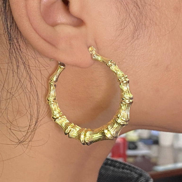 10K Yellow Gold Bamboo Hoop Earrings (3.15”)