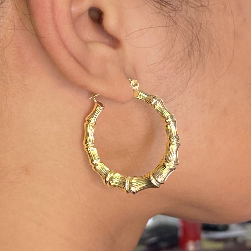10k Yellow Gold Bamboo Hoop Earrings (1.65")
