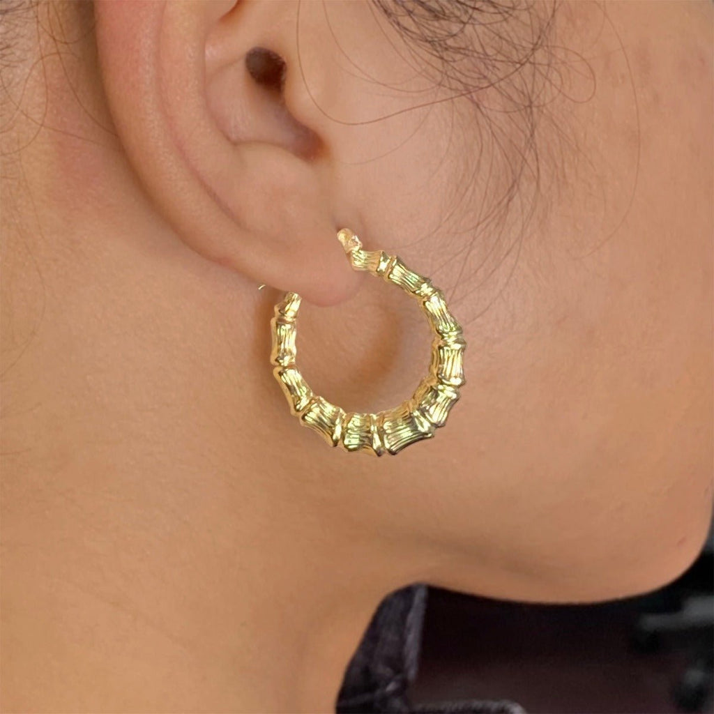 10k Yellow Gold Bamboo Hoop Earrings (1.37")