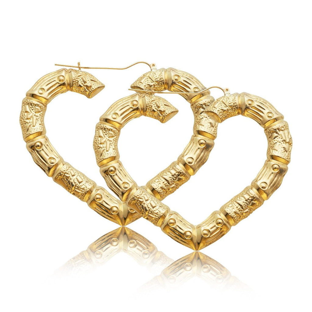 10k Yellow Gold Heart Shaped Bamboo Hoop Earring (2.90" x 2.40")