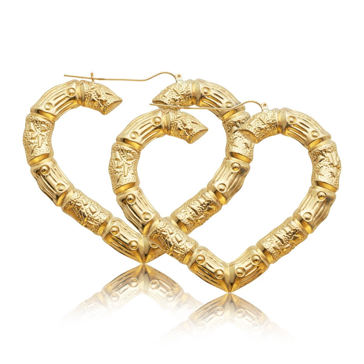 10k Yellow Gold Heart Shaped Bamboo Hoop Earring (2.90" x 2.40")