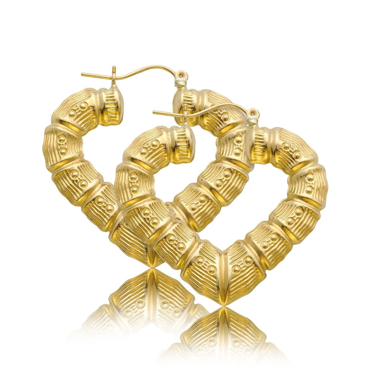 10k Yellow Gold Heart Shaped Bamboo Hoop Earring (1.67" x 1.37")