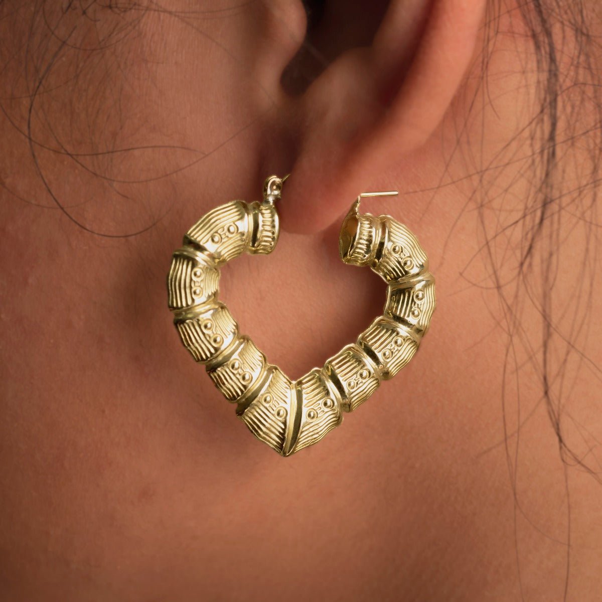 10k Yellow Gold Heart Shaped Bamboo Hoop Earring (1.67" x 1.37")