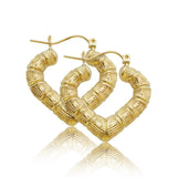 10k Yellow Gold Heart Shaped Bamboo Hoop Earrings (0.98" x 0.88")
