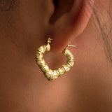 10k Yellow Gold Heart Shaped Bamboo Hoop Earrings (0.98" x 0.88")