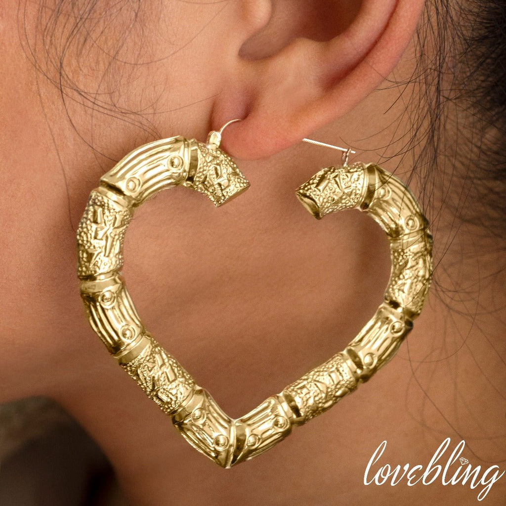 10k Yellow Gold Heart Shaped Bamboo Hoop Earring (2.90" x 2.40")