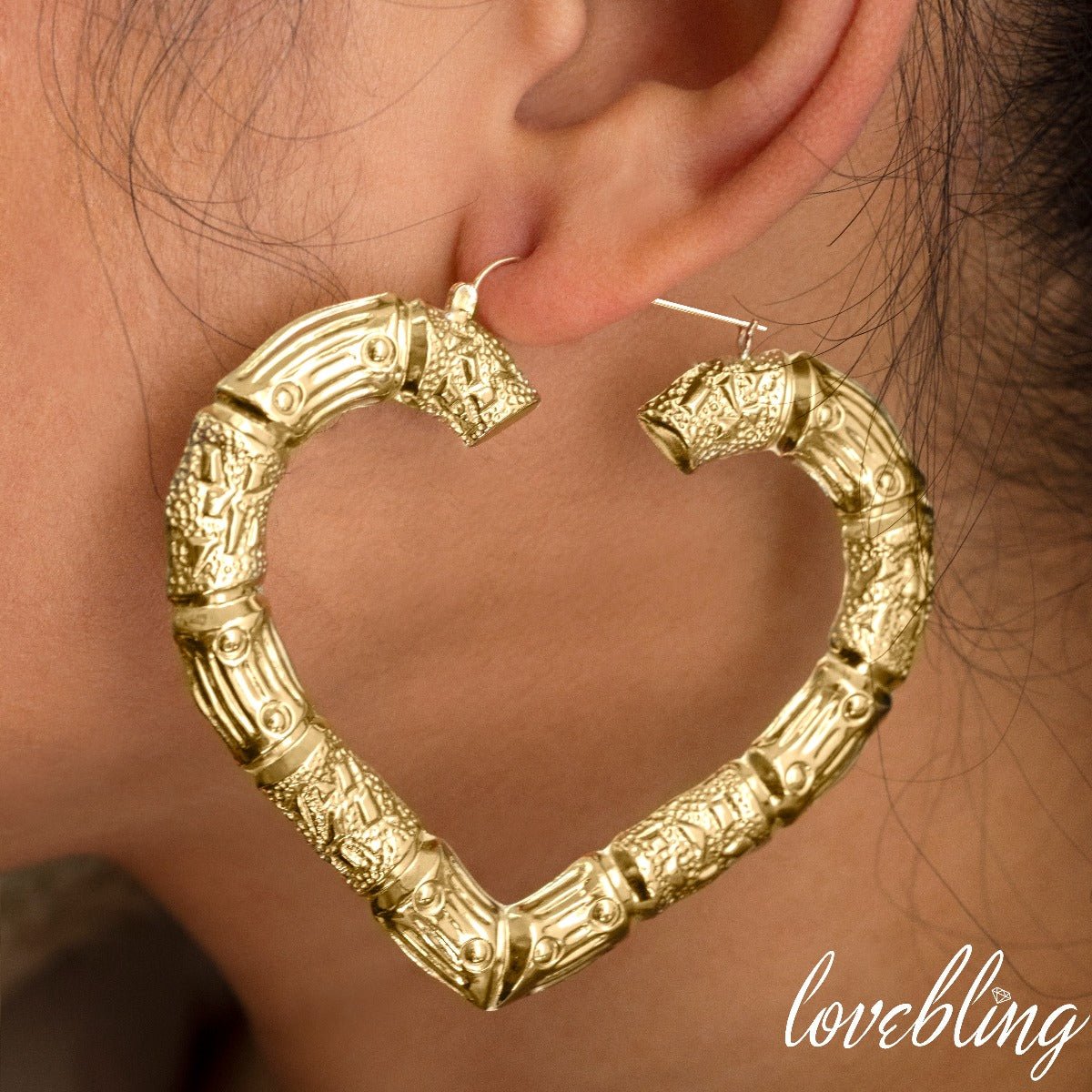 10k Yellow Gold Heart Shaped Bamboo Hoop Earring (2.90" x 2.40")