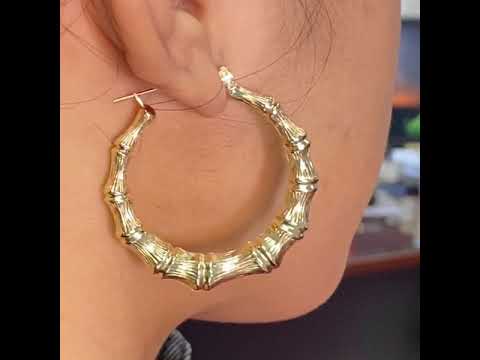 10k Yellow Gold Bamboo Hoop Earrings (1.98")
