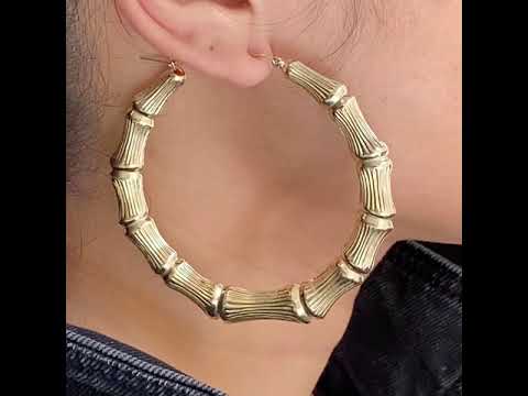 10k Yellow Gold Bamboo Hoop Earrings (3.15")
