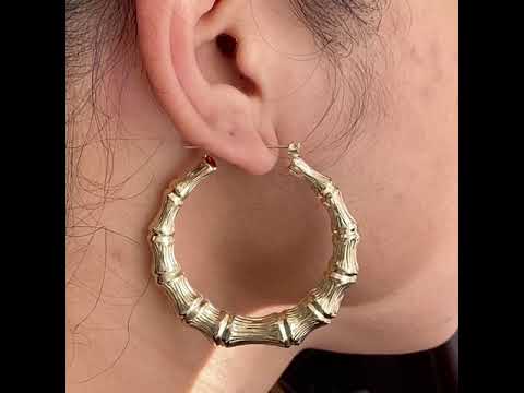 10k Yellow Gold Bamboo Hoop Earrings (2.25")